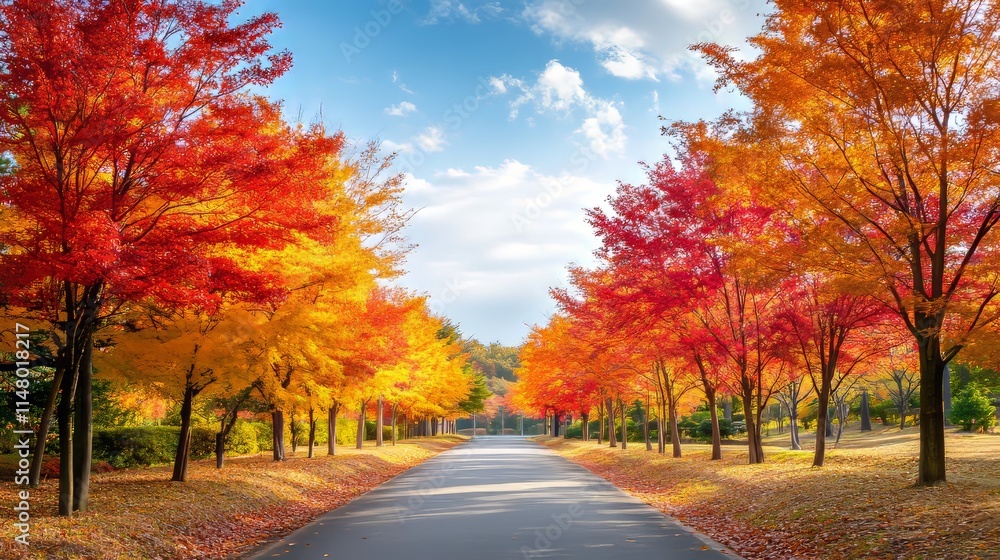Vibrant Autumn Trees Lining a Picturesque Pathway Under a Blue Sky With Fluffy Clouds in a Tranquil Natural Setting Vibrant Autumn Trees Lining a Picturesque Pathway Under a Blue Sky With Fluffy Clouds in a Tranquil Natural Setting