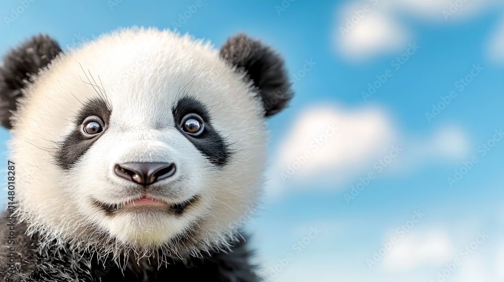 A close up of a panda bear with a blue sky in the background A close up of a panda bear with a blue sky in the background