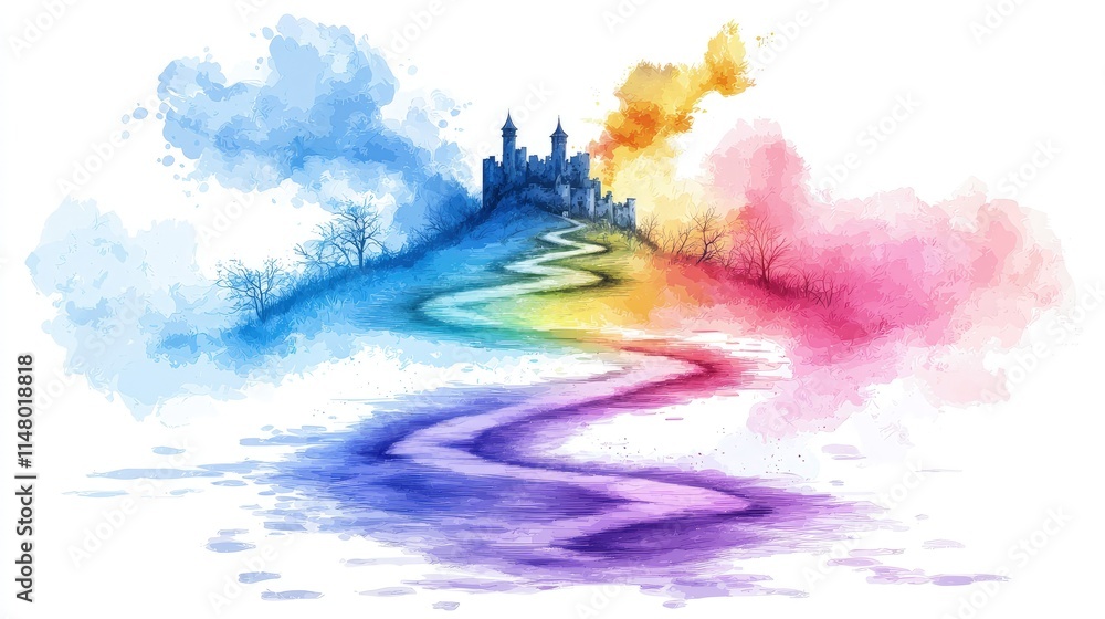 Fototapeta premium Castle on a hill with a winding rainbow path in a colorful watercolor illustration style on a white background.