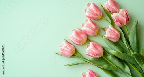 Bouquet of fresh tulips flowers frame on pastel green ment background banner photo