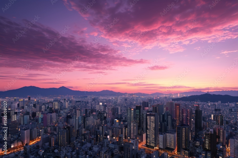 Fototapeta premium arafed view of a city at dusk with a pink sky
