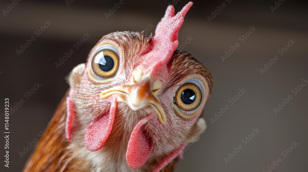 A close up of a chicken's face with its tongue out A close up of a chicken's face with its tongue out