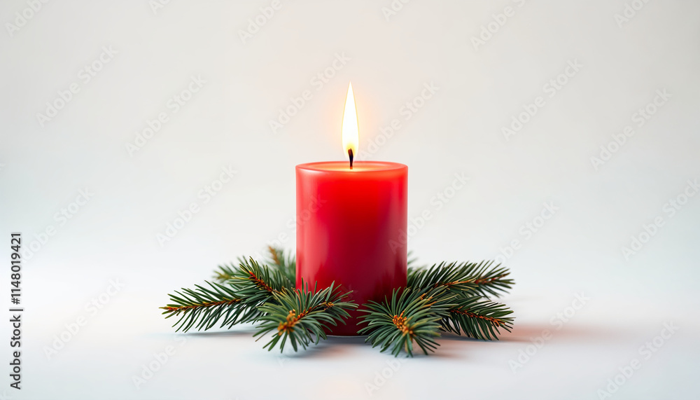 Bright red candle surrounded by evergreen branches creates a festive atmosphere for winter celebrations Bright red candle surrounded by evergreen branches creates a festive atmosphere for winter celebrations