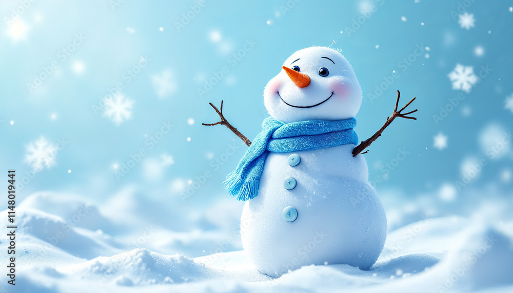 Cheerful snowman with a blue scarf in a snowy winter landscape under falling snowflakes Cheerful snowman with a blue scarf in a snowy winter landscape under falling snowflakes