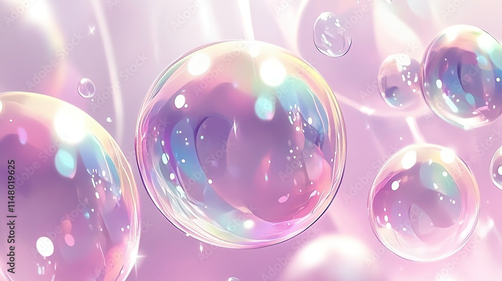 Iridescent soap bubbles floating on a soft pink background. Iridescent soap bubbles floating on a soft pink background.