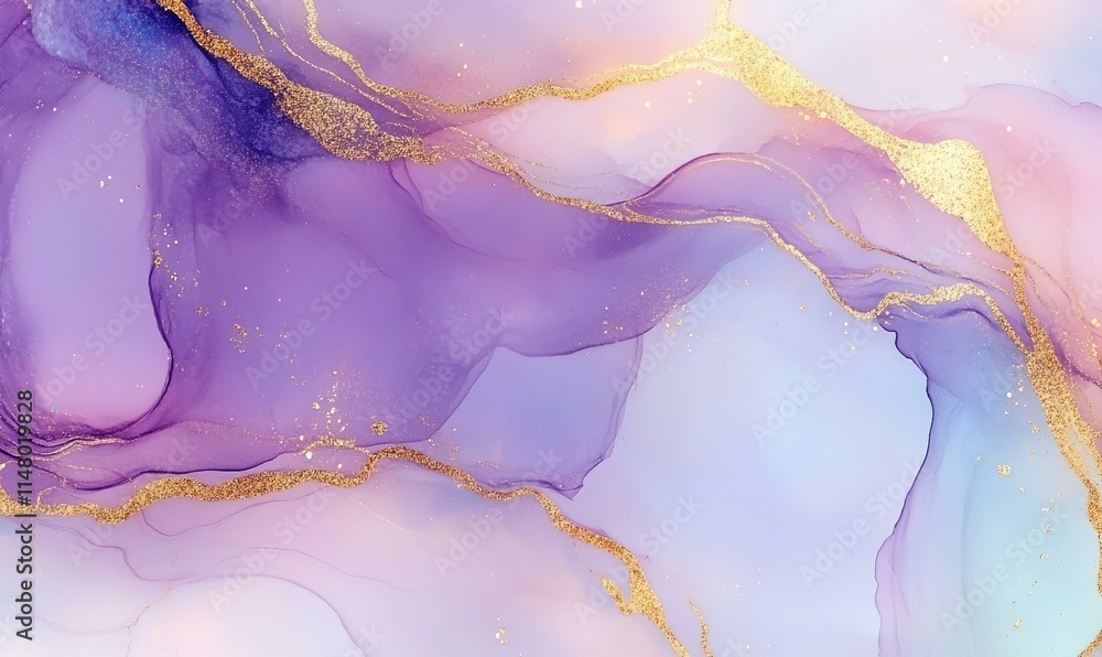 Fototapeta premium Pastel purple watercolor paint brush glitter gold. Teal mauve purple marble alcohol ink drawing effect.