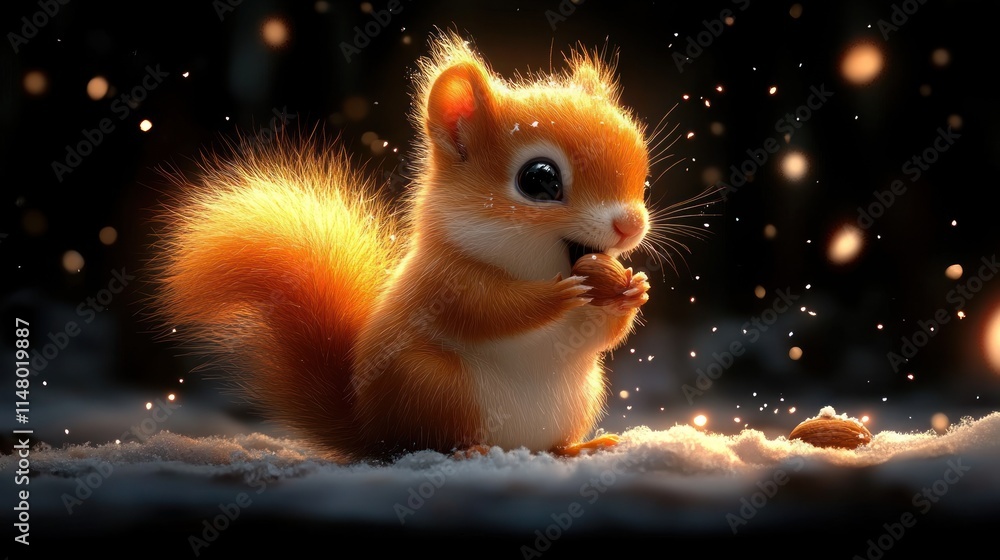Fototapeta premium Adorable baby squirrel eating a nut in snowy night.