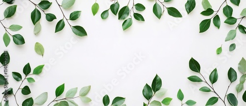Banner made of branches with green leaves on white background.