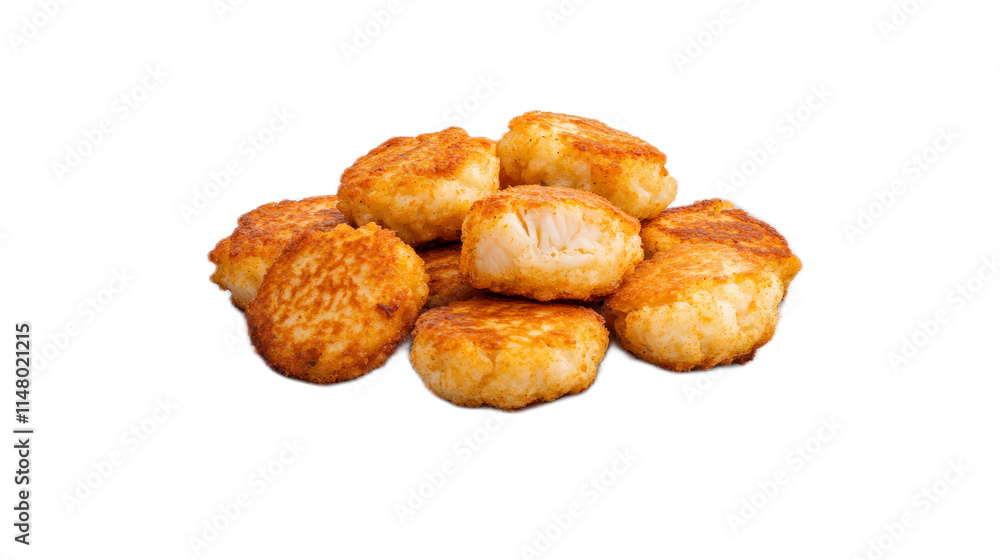 Crispy Golden Fish Cakes on White Background for Culinary Use Crispy Golden Fish Cakes on White Background for Culinary Use