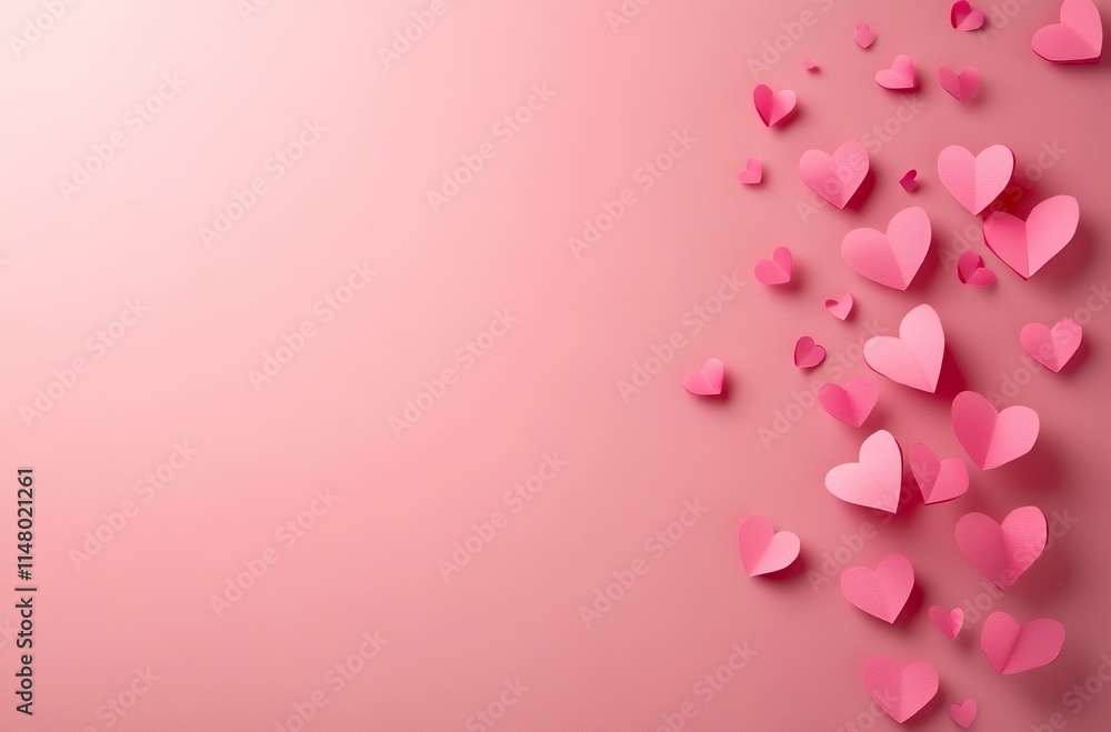Paper pink hearts fly on soft pink color background border copy space. Paper pink hearts fly on soft pink color background border copy space.