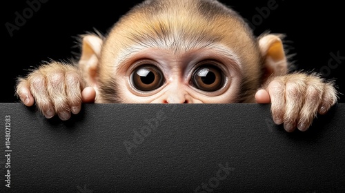 A monkey peeking over a black board with its hands