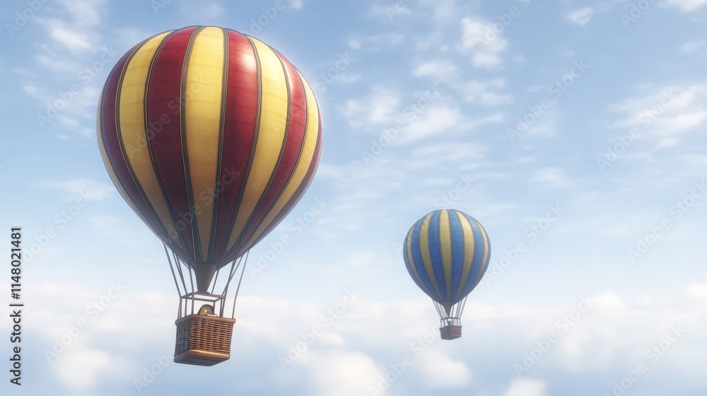 Obraz premium Two hot air balloons float in the sky, one larger with red and yellow stripes and the other smaller with blue and yellow stripes. The serene scene captures the beauty and tranquility of ballooning.