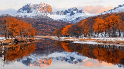 Snow-capped mountain peaks and vibrant orange autumn forest are reflected in the calm waters of a river during a peaceful sunset.