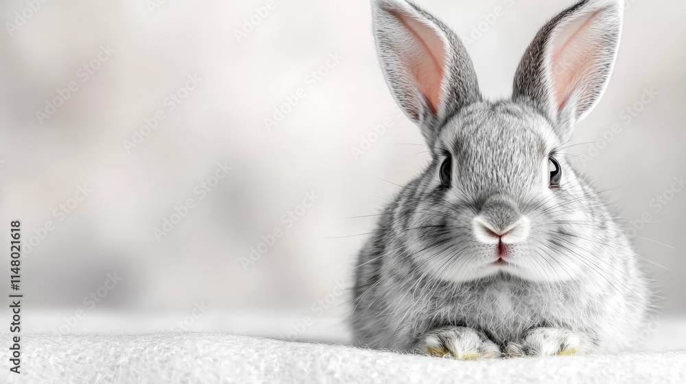 Obraz premium A gray rabbit sitting on top of a white blanket