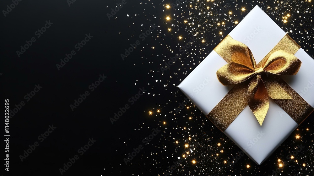 Christmas Blank gift greeting card ticket with shiny golden ribbon bow isolated on black background with sparkle stars top view white copy space template for promotion shopping advertising banner Christmas Blank gift greeting card ticket with shiny golden ribbon bow isolated on black background with sparkle stars top view white copy space template for promotion shopping advertising banner