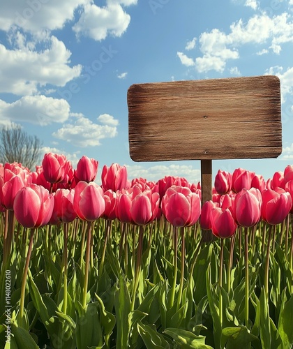 Beautiful Tulips and Empty Sign for message / wooden panel / iso #1148022610