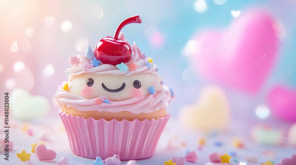A Happy Pink Cupcake With Cherry On Top A Happy Pink Cupcake With Cherry On Top