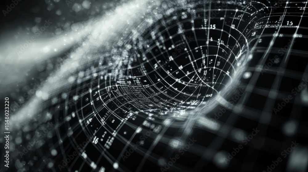 Naklejka premium Exploring the Complex Beauty of Abstract Digital Art With a Swirling Grid and Luminous Particles in a Dark Setting