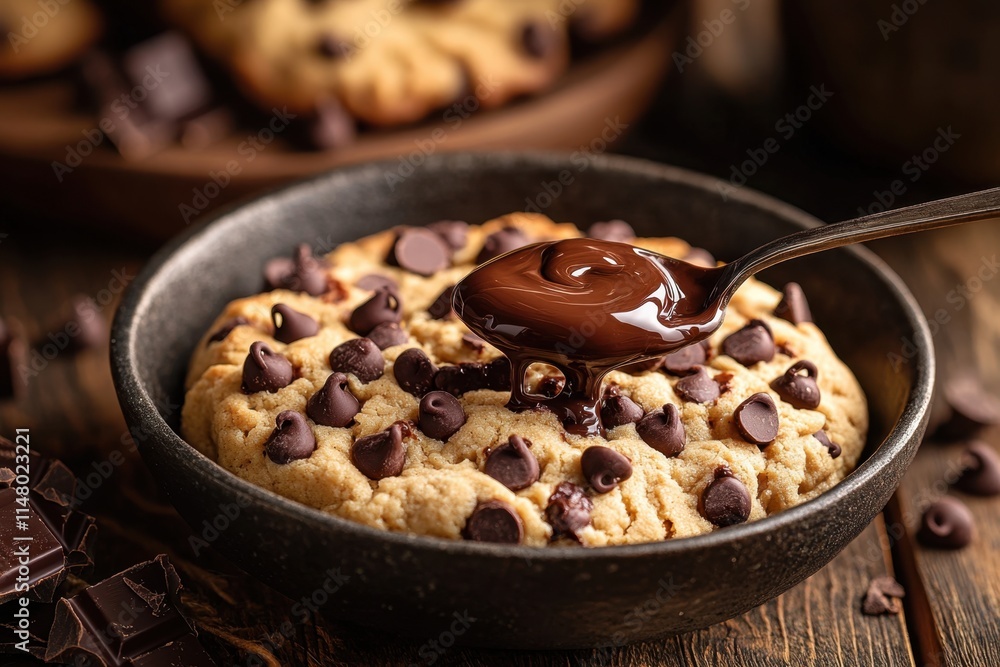 Warm chocolate chip cookie in bowl with melted chocolate being poured. Warm chocolate chip cookie in bowl with melted chocolate being poured.