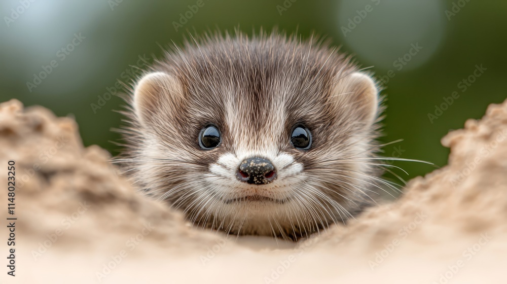 A small ferret peeking out of a hole in the ground A small ferret peeking out of a hole in the ground