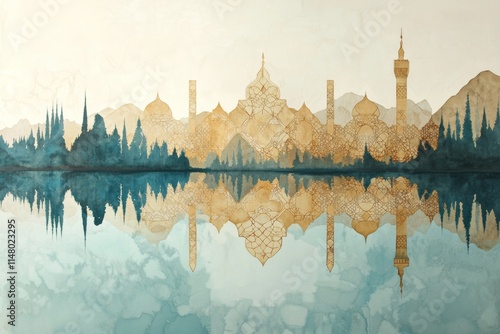 A painting of a city with a large mosque in the middle. The mosque is surrounded by trees and mountains