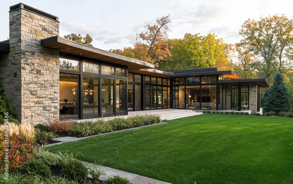 A contemporary minimalist home with a stone facade, large glass doors, and a simple green lawn A contemporary minimalist home with a stone facade, large glass doors, and a simple green lawn