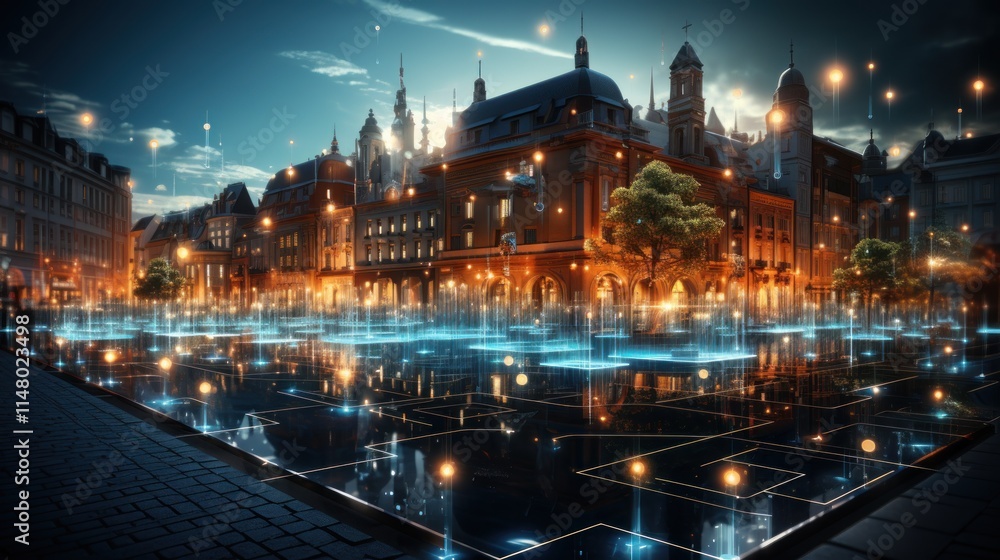 Fototapeta premium Futuristic Cityscape: Illuminated Square with Interactive Fountain