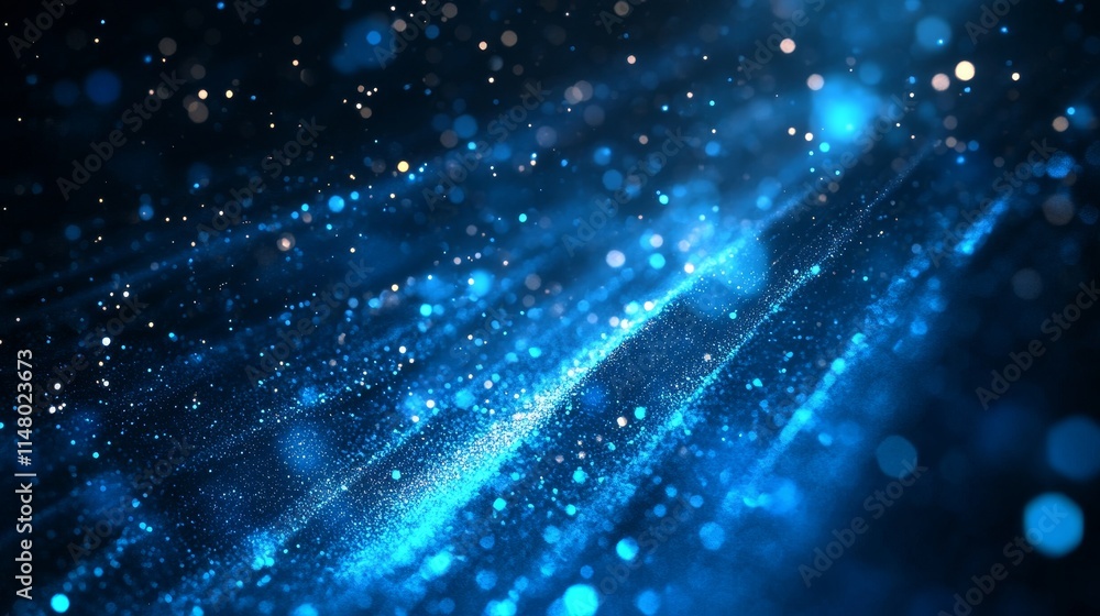 Vibrant Blue Light Particles Create an Ethereal Atmosphere in a Dark Environment During a Cosmic-Themed Event or Celebration Vibrant Blue Light Particles Create an Ethereal Atmosphere in a Dark Environment During a Cosmic-Themed Event or Celebration