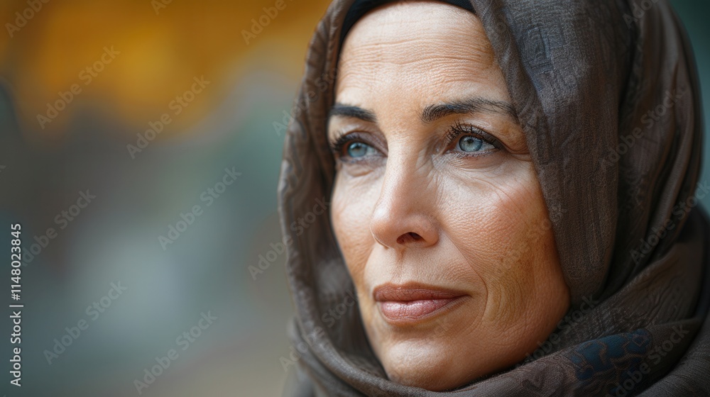 Portrait of a woman with a headscarf displaying contemplation in a serene outdoor setting during autumn Portrait of a woman with a headscarf displaying contemplation in a serene outdoor setting during autumn