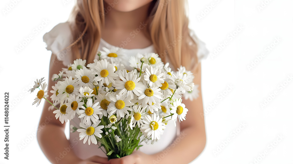 A girl holding a bouquet of white flowers isolated on white background