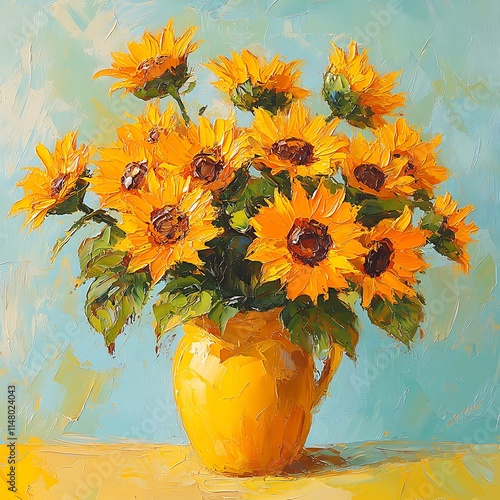 Golden Vase Sunflowers Vibrant Oil Painting Rustic Table Scene Illustration