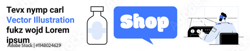 Blue text with a bottle icon, a shop speech bubble, and a person working at a desk. Ideal for online shopping, e-commerce, medicine, remote work, and marketing. Banner for landing page