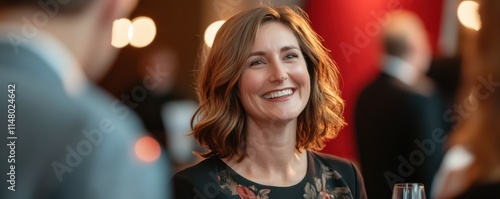 Smiling woman engaging in conversation at formal event