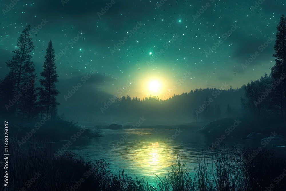 Fototapeta premium Misty evening by the lake under a starry sky with a glowing moon illuminating the water