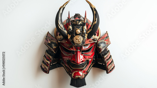 Samurái Helmet Oni Mask Traditional red and black samurai helmet on white background photo