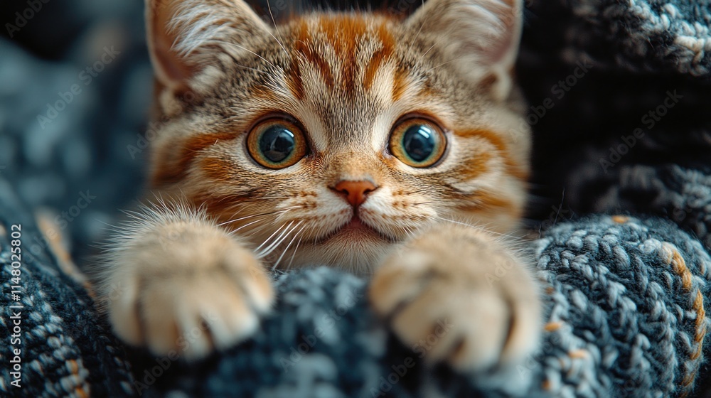 Fototapeta premium Adorable tabby kitten peeking from a cozy sweater.