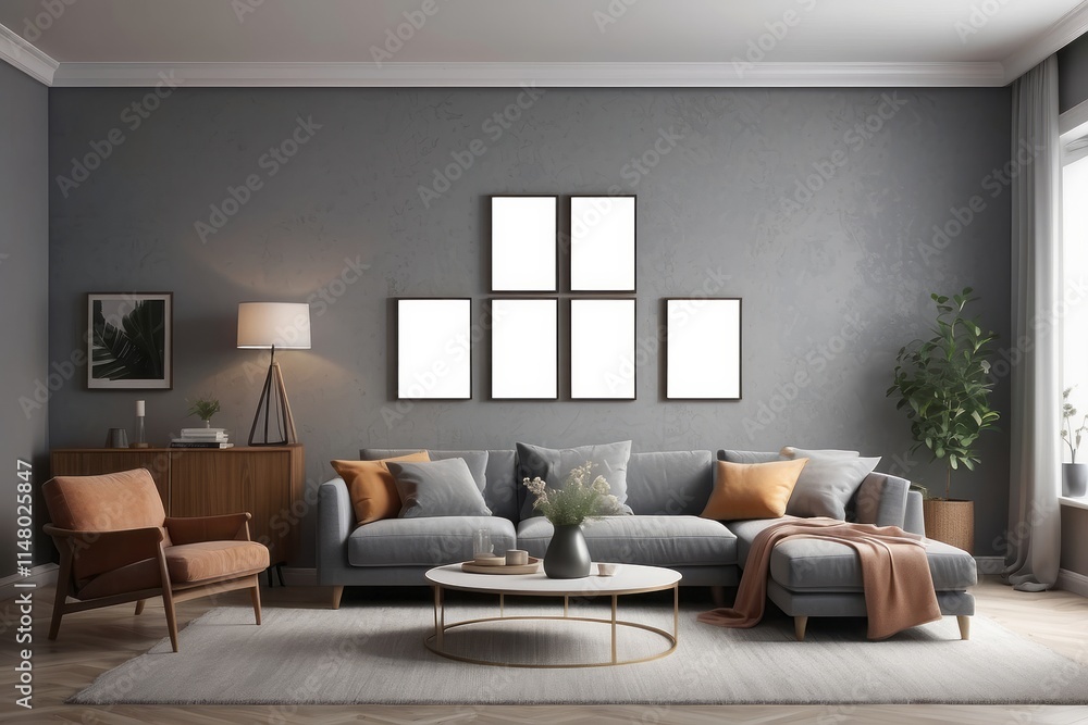 Obraz premium Retro style in beautiful living room interior with grey empty wall
