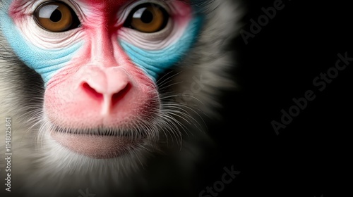  A close up of a monkey's face with a black background