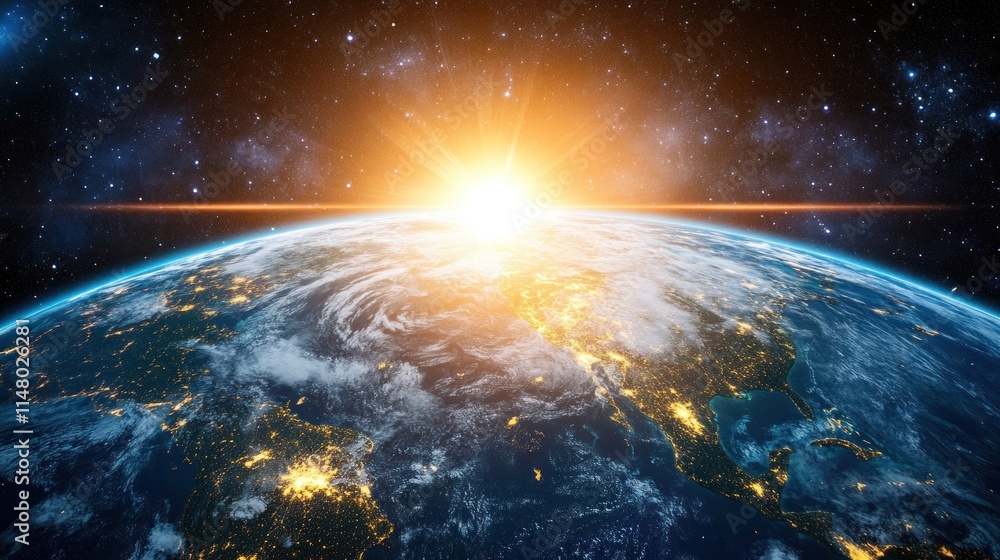 Obraz premium Sunrise over Earth, showcasing city lights and atmospheric details from space.