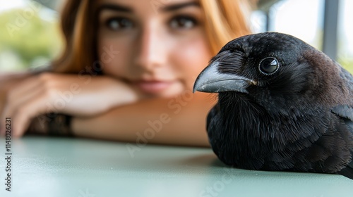A woman sitting at a table with a black bird on her shoulder