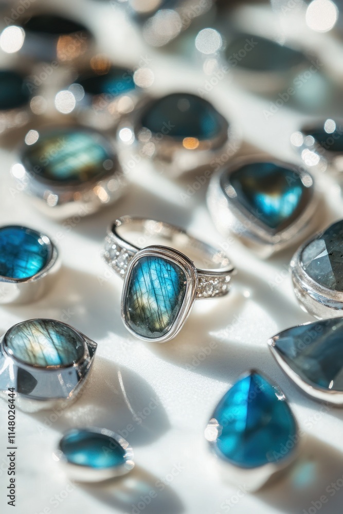 Polished labradorite stones and ring, silver setting, on white surface. Polished labradorite stones and ring, silver setting, on white surface.