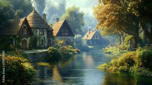 Fototapeta Naklejka Na Ścianę i Meble -  A tranquil river meandering past a small village with thatched roofs and cobblestone streets