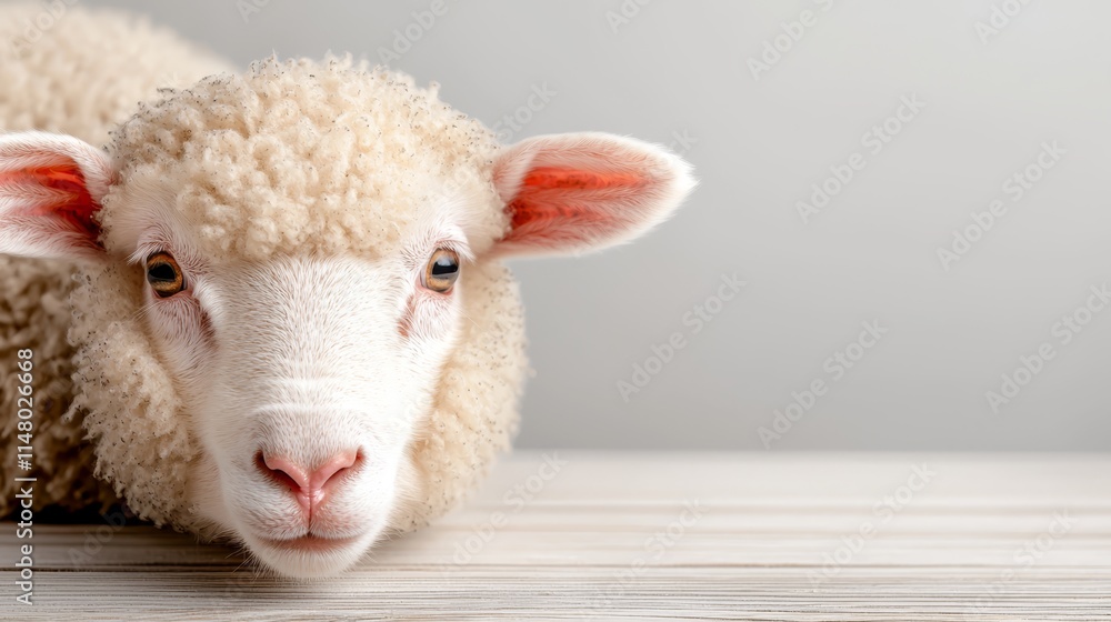 Fototapeta premium A close up of a sheep laying down on a table