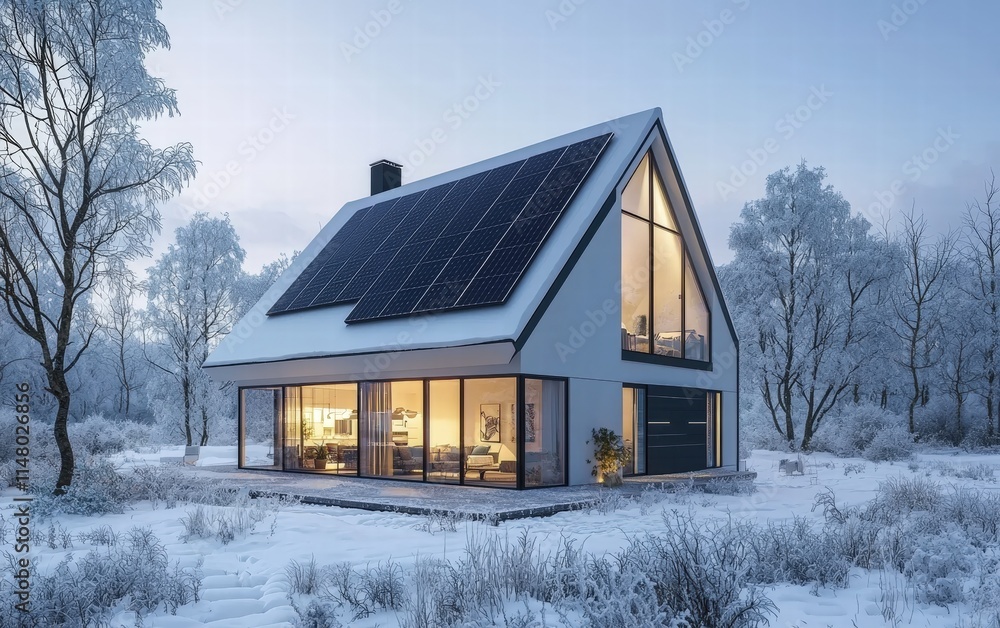 A modern house with sleek solar panels on a snow-covered roof, surrounded by frosted trees and a soft winter glow A modern house with sleek solar panels on a snow-covered roof, surrounded by frosted trees and a soft winter glow