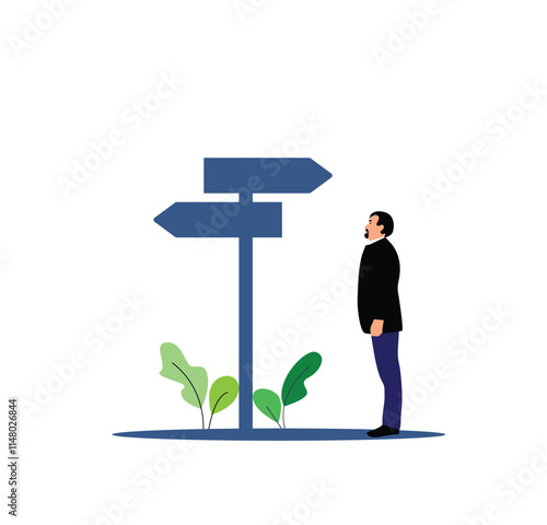 Business Man Looking at Direction Signs. Choosing direction in business and work vector art. Standing at the crossroad