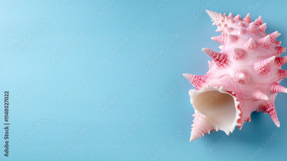 A pink sea shell on a blue background A pink sea shell on a blue background