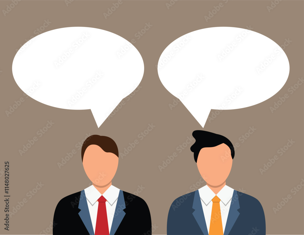 Busts of Two Business People with Speech Bubbles. Dialogues and chatting about work or advertisement and announcement vector art Busts of Two Business People with Speech Bubbles. Dialogues and chatting about work or advertisement and announcement vector art
