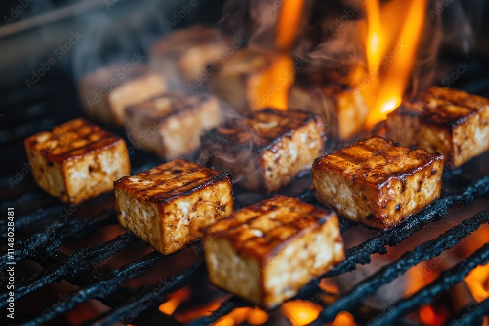Grilled tofu cubes over flames, with visible smoke. Grilled tofu cubes over flames, with visible smoke.