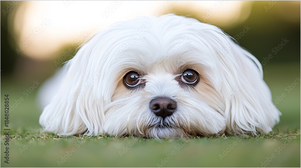 A small white dog laying on top of a lush green field A small white dog laying on top of a lush green field