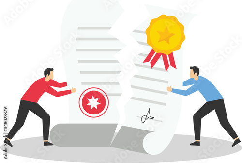 Contract termination. Two businessman tearing document apart. The end of agreement. Flat vector illustration.

